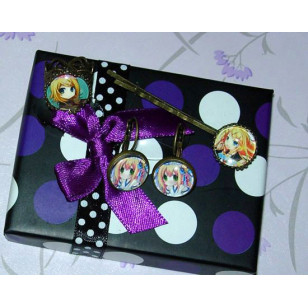 Vocaloid  Kagamine Rin 鏡音リン・レン anime Cabochon Gift Set ( Ring, Earrings, Hair Clip, Necklace)